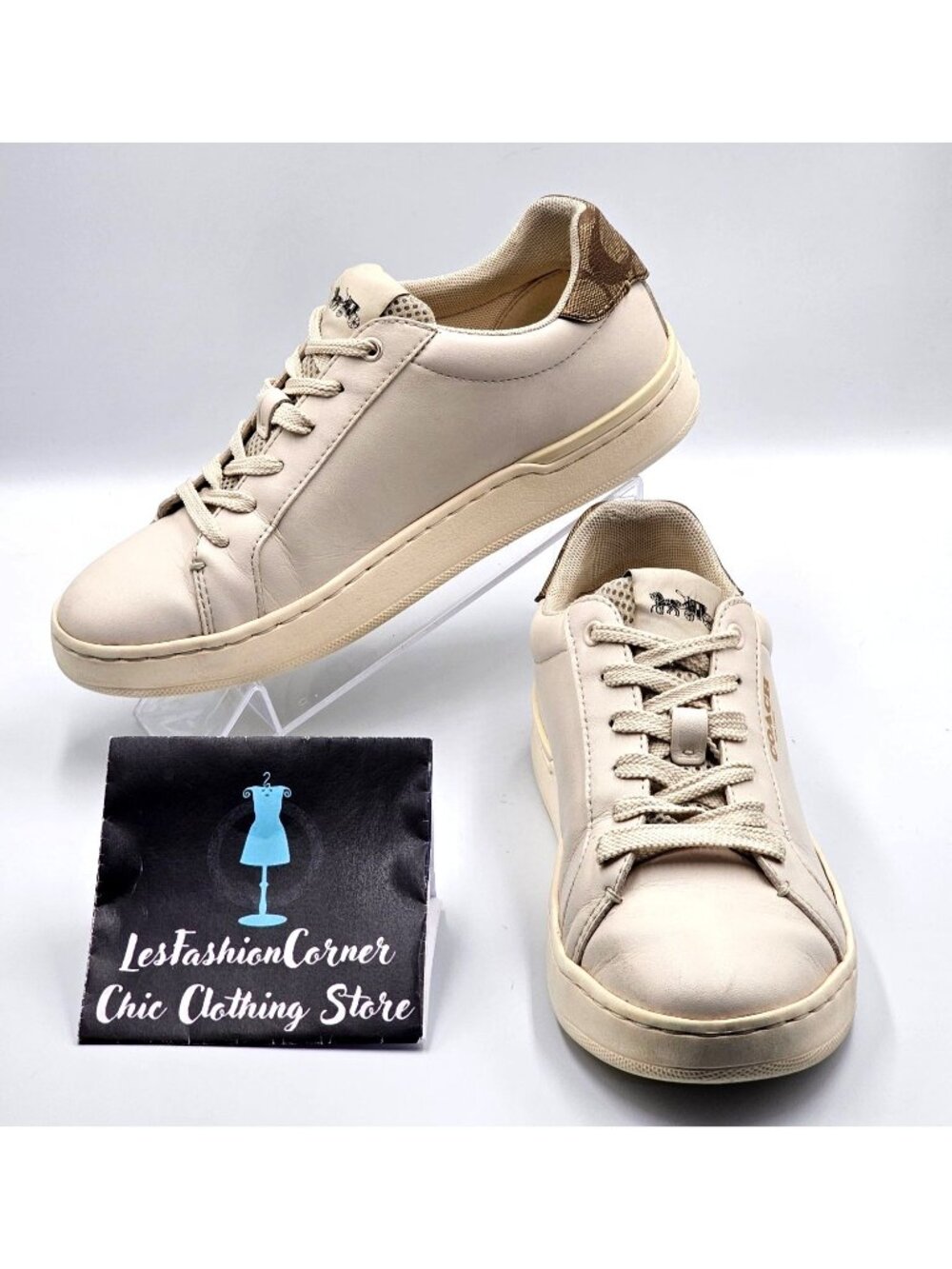 Coach Women's Beige Brown Logo Leather Clip  Low-Top Sneakers Size 7.5B 2390